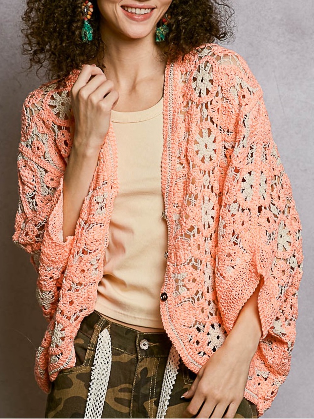 NWT POL Bohemian Coral Crochet Cardigan Sweater One Size